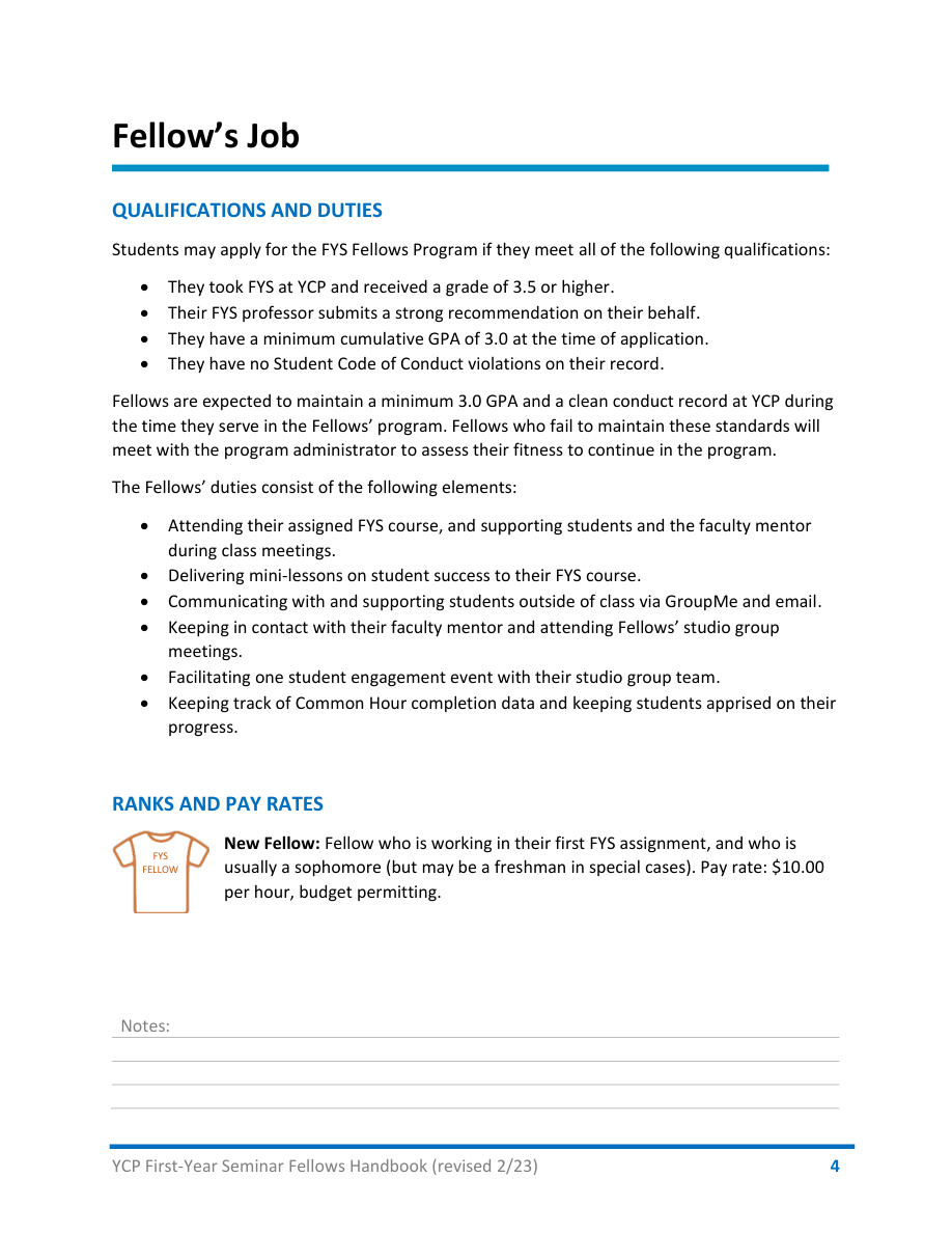 Opening page of selected handbook sections: the Fellow’s role