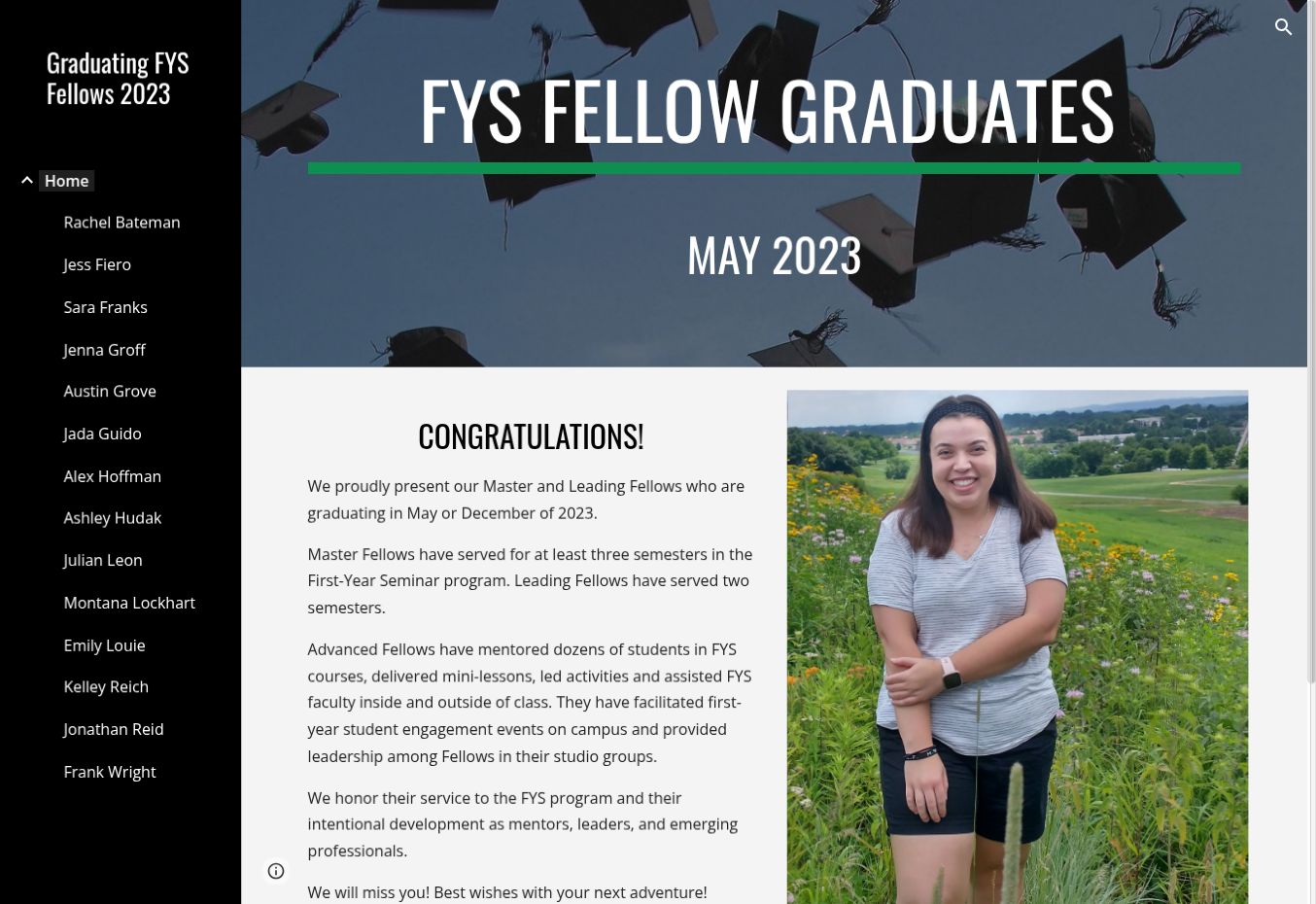 Fellows website homepage with graduation banner and a student profile photograph