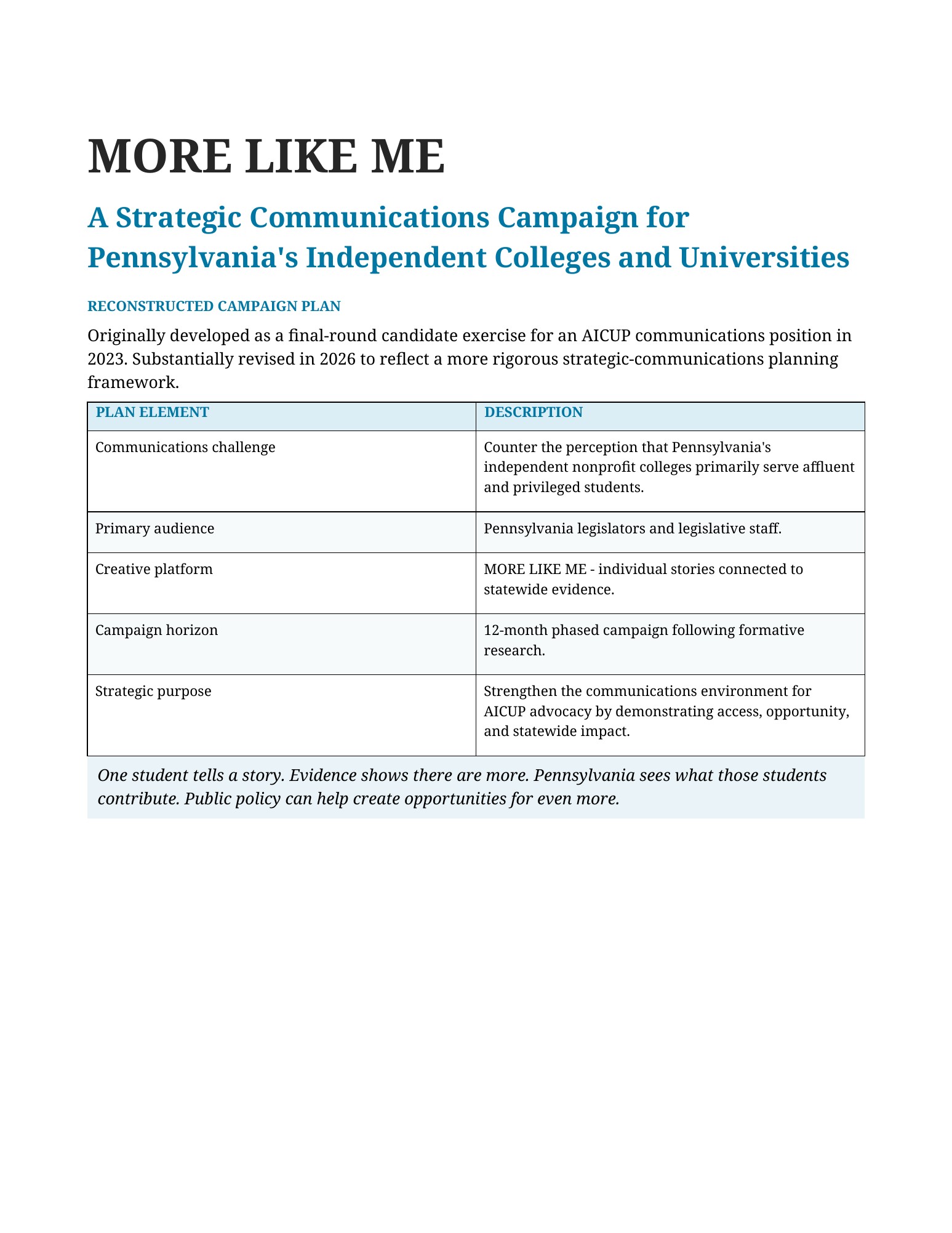 First page of More Like Me strategic communications plan